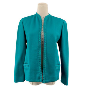 Dalton Teal‎ Vintage Open Front Jacket Braided Trim Long Sleeve Wool Size 6